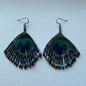 Boho Peacock Feather Beaded Statement Earrings – Green Blue